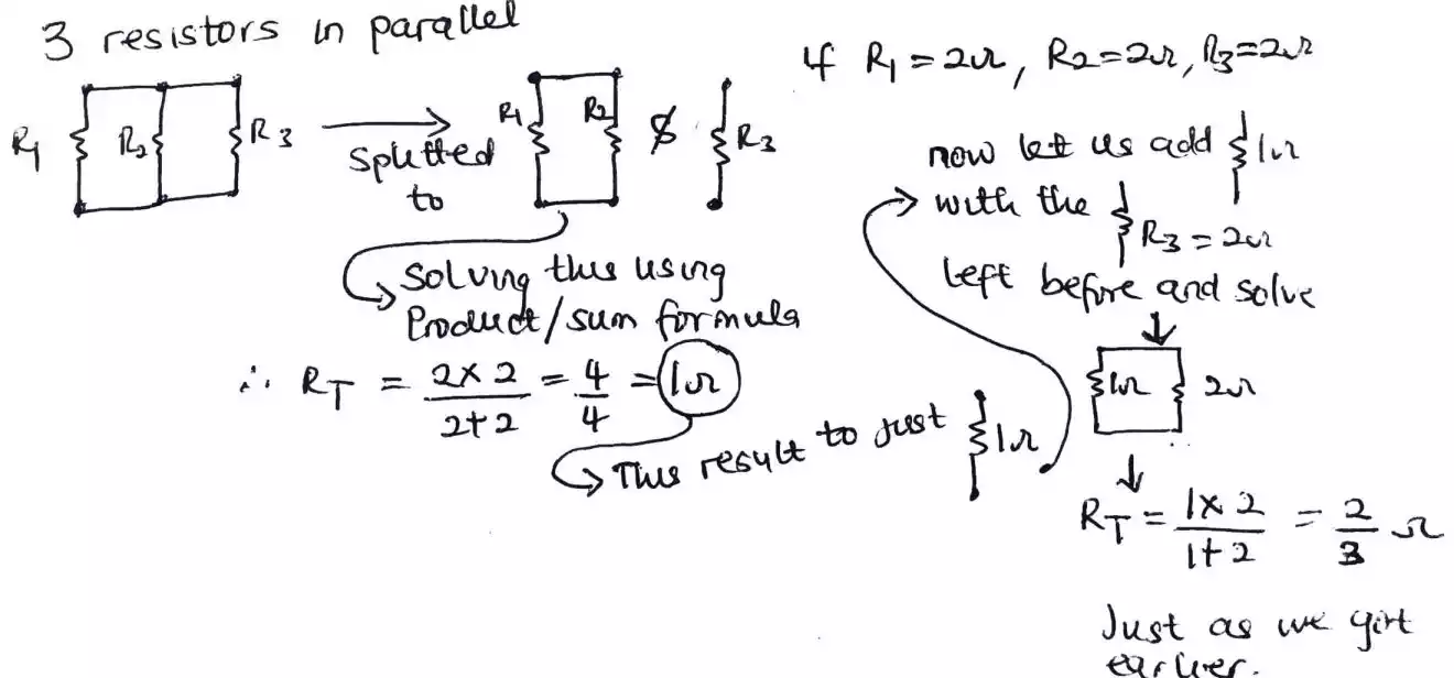 how to use the the formula for two resistors in parallel to solve for three resisitors in parallel