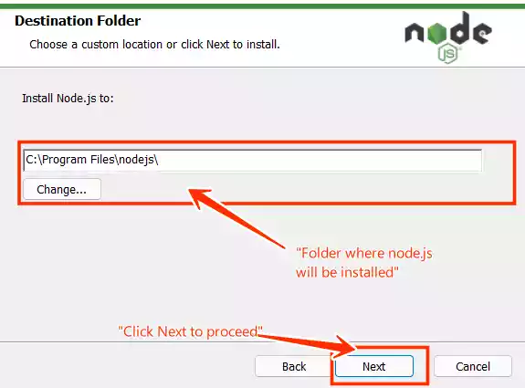 destination folder for nodejs