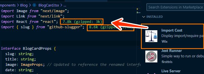 Import Cost extension in VS Code